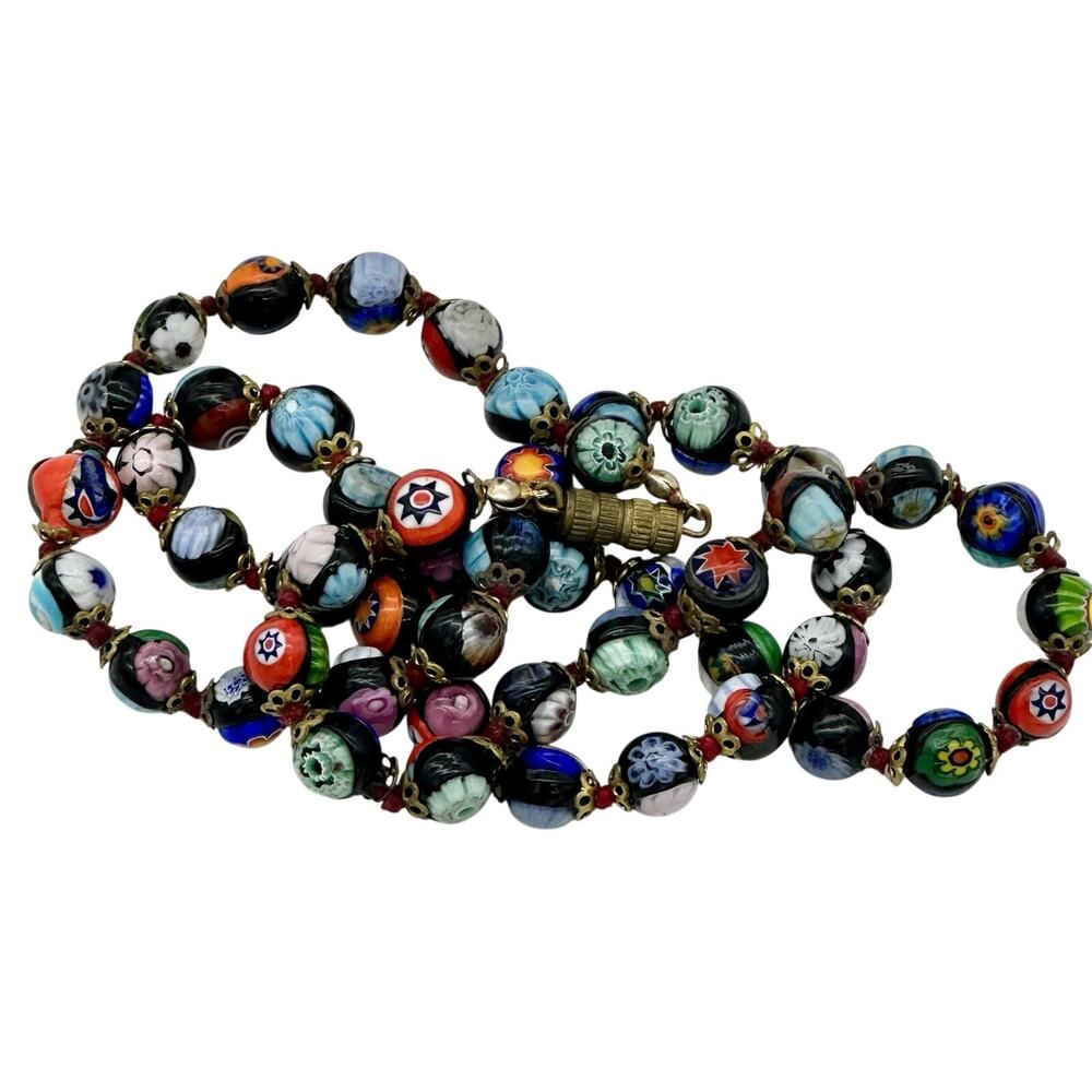 Vintage Murano Millefiore Glass Wedding Cake Beads Necklace